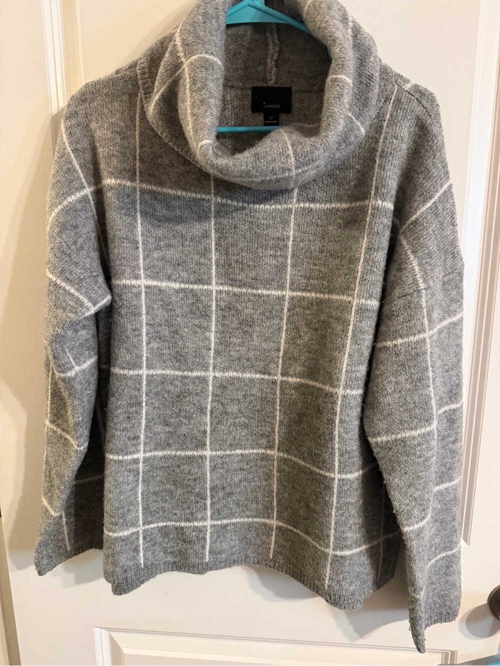Lumiere Gray Windowpane Cowl Neck Sweater